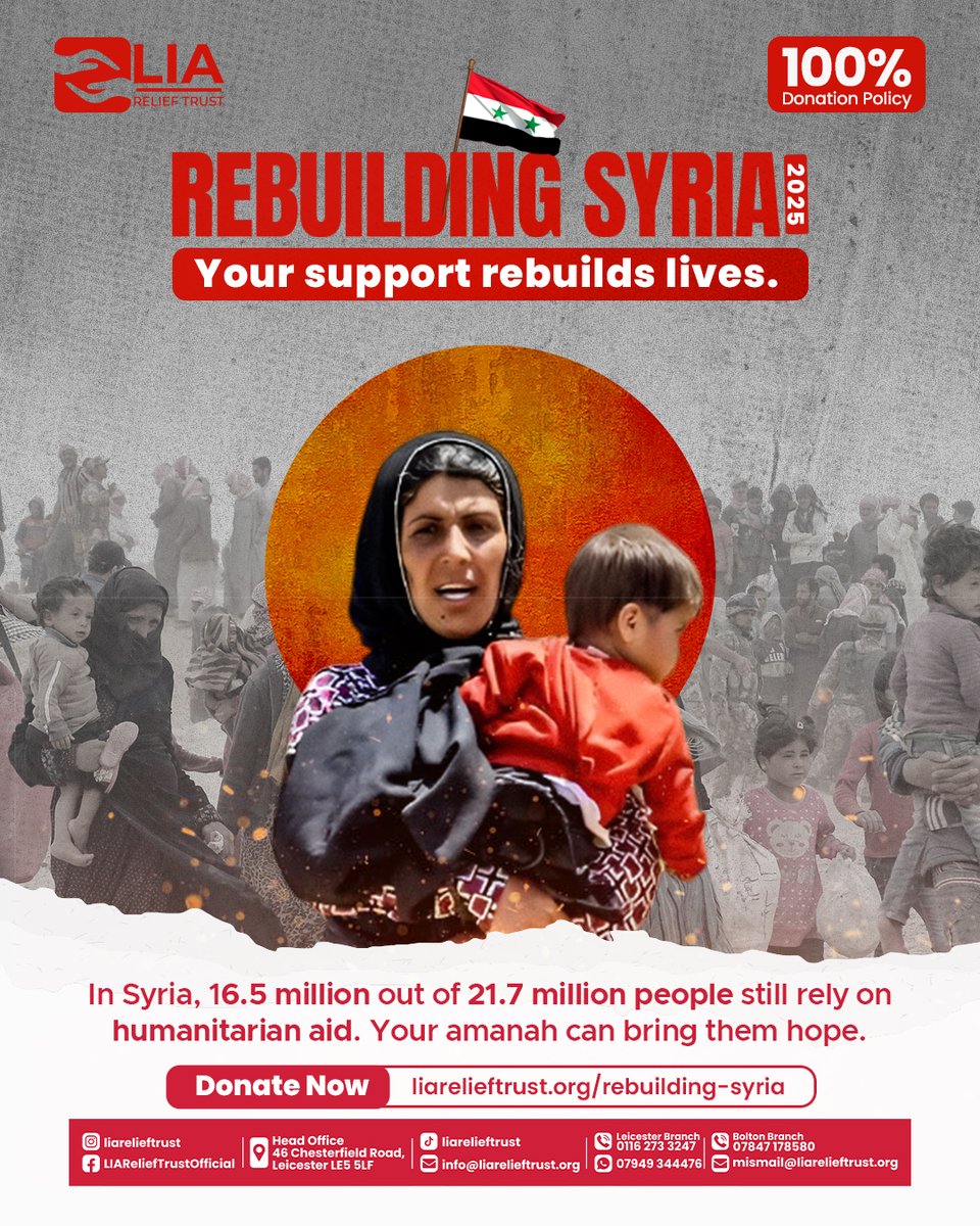 LIAReliefTrust's tweet image. This October, #LIAReliefTrust  is returning to #Syria, where millions of families continue to endure the effects of years of conflict and hardship. With your Amanah, we’ll be there to deliver relief, hope, and dignity 🤍

Donate Now:  liarelieftrust.org/rebuilding-syr…