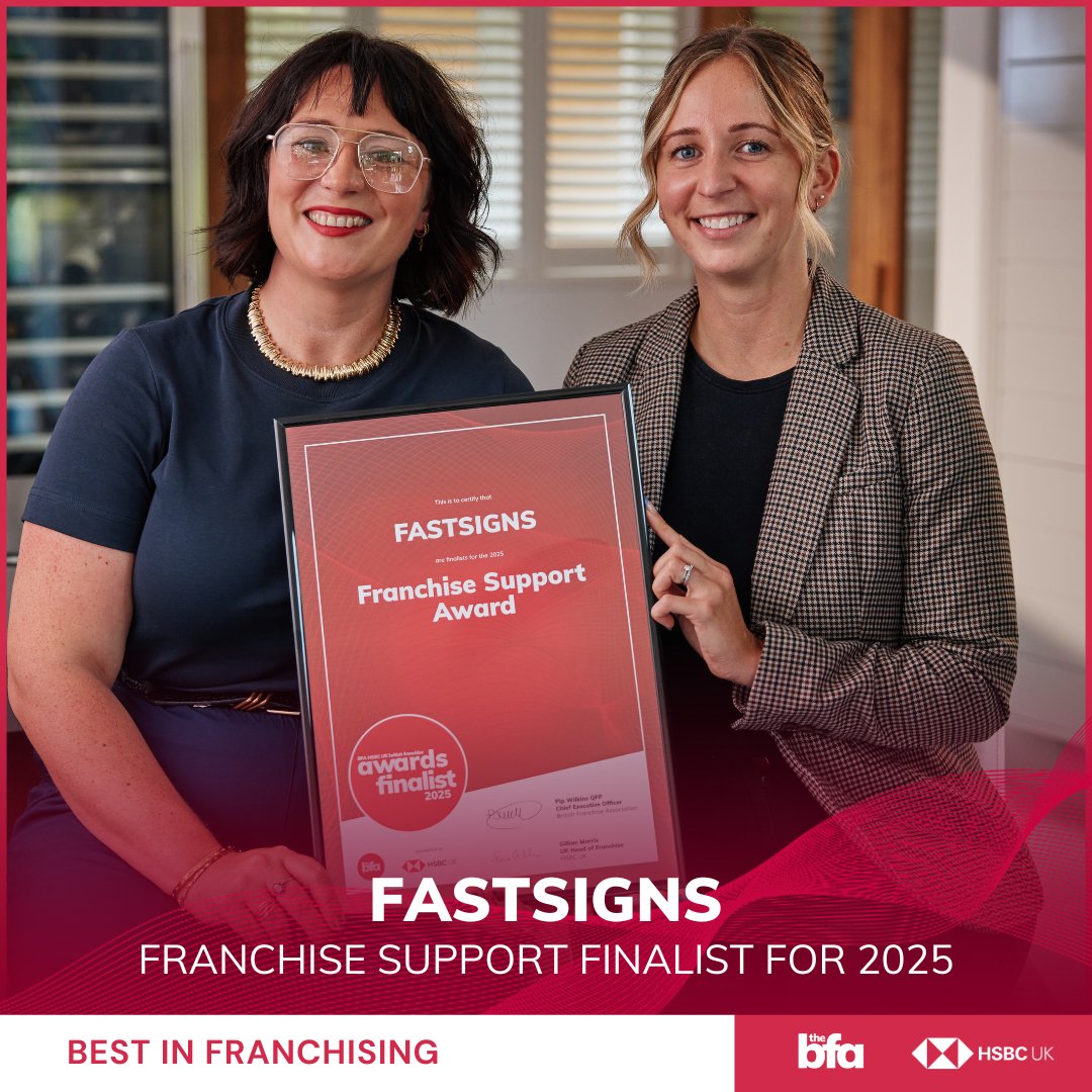 BFA_UK's tweet image. FASTSIGNS UK is a finalist for the #BFAHSBCUKBritishFranchiseAwards 2025 under the Franchise Support Award.
Empowering franchisees through innovation, sustainability and design excellence.

Read more: ow.ly/QKPW50Xao9R

#BestInFranchising #FASTSIGNS