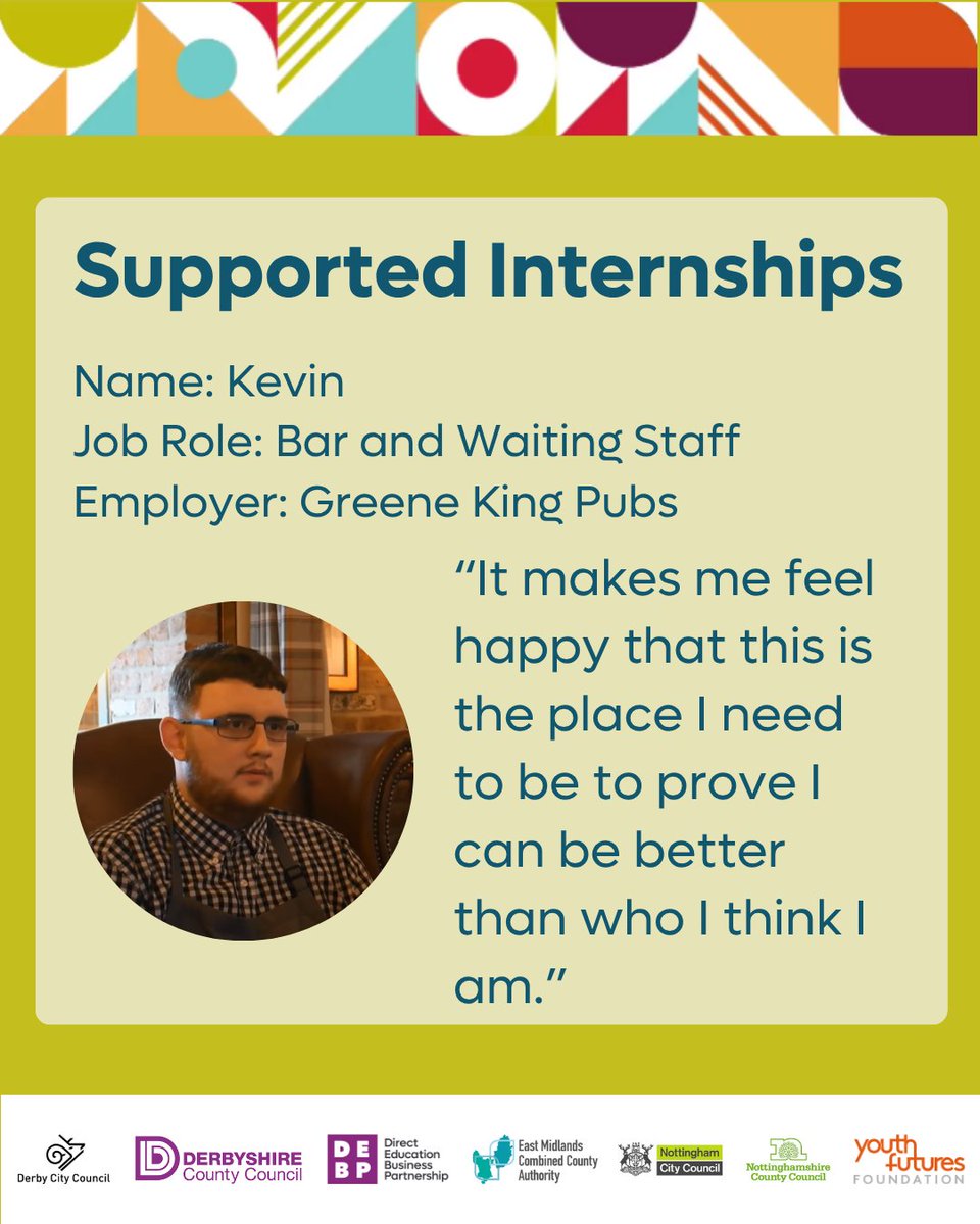 Youth Voice D2N2 (@youthvoiced2n2) on Twitter photo 📽️Supported Internship Video Campaign📽️
Kevin is part of the Bar and Waiting Staff <a href="/greeneking/">Greene King</a>. He is one of eight amazing young adults, filmed on their Supported Internships, talking about their experiences.
View the full video at youtu.be/-1MZQxtcQFc 📽️Supported Internship Video Campaign📽️
Kevin is part of the Bar and Waiting Staff <a href="/greeneking/">Greene King</a>. He is one of eight amazing young adults, filmed on their Supported Internships, talking about their experiences.
View the full video at youtu.be/-1MZQxtcQFc