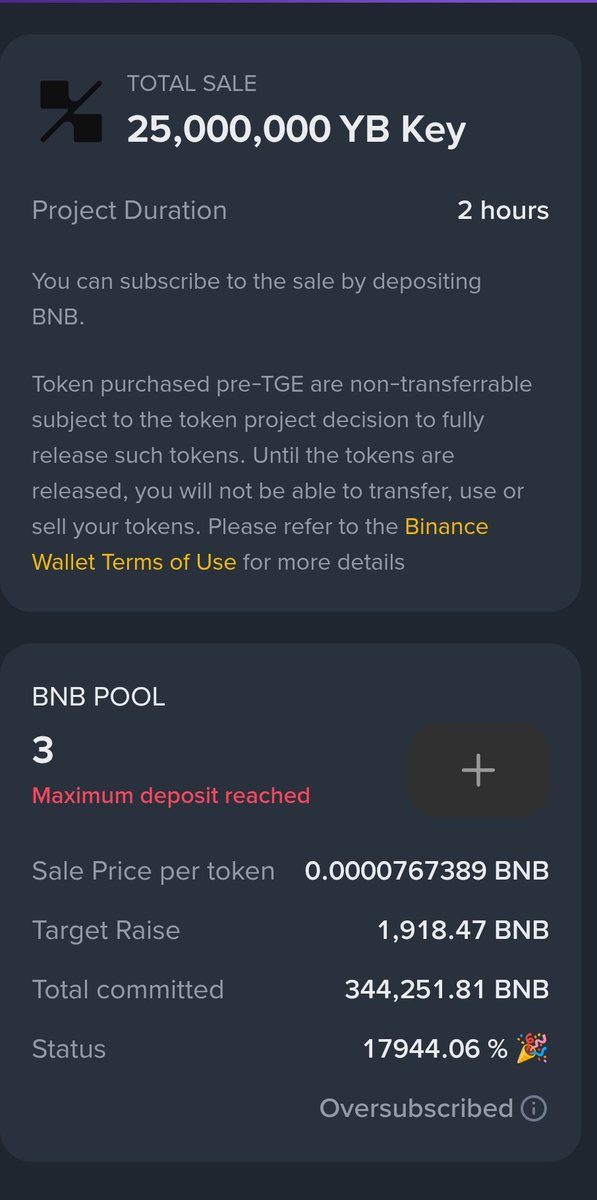 Yield Basis Prime sale on #Binance Wallet went crazy 🤯

25,000,000 $YB Keys offered for just 2 hours, target was 1,918 BNB but community deposited in 344,251 BNB 😳

That’s a 17,944% oversubscription 💥

We’re all getting peanuts in allocation 🥜 i am ready 🥺