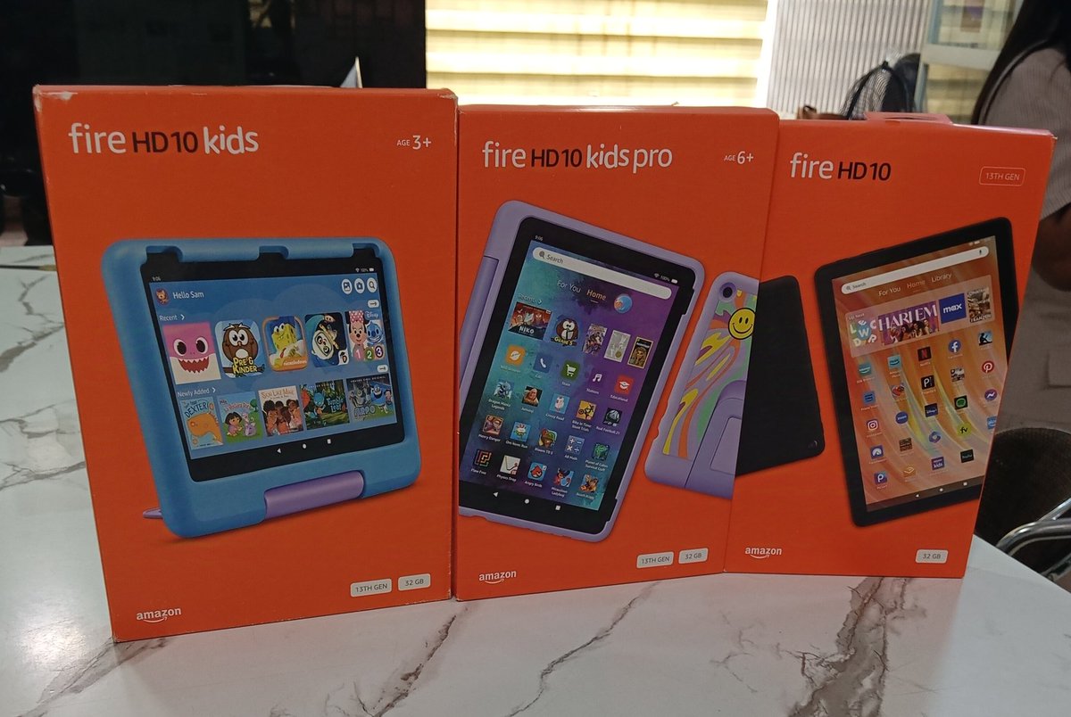 Amazon FireHD10
10.1" Size, 13th Gen
3/32gb Storage
Wifi Only

₦175,000

Amazon FireHD10Kids
10.1" Size, 13th Gen
3/32gb Storage
Wifi Only

₦250,000

Amazon FireHD10KidsPro
10,1" Size, 13th Gen 
Wifi Only
3/ 32gb Storage

₦260,000