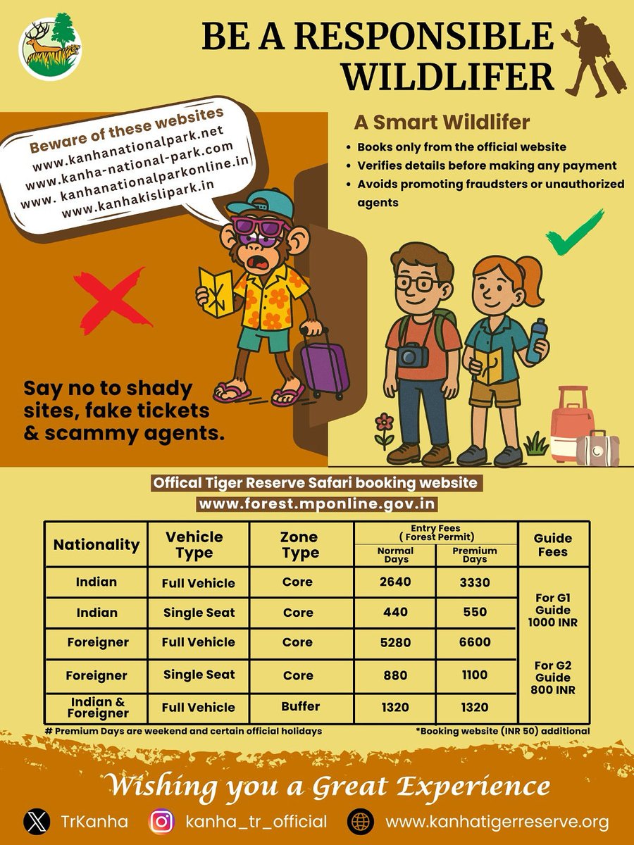 Explore Safely, Explore Smart! 🐅
Avoid fake portals and unauthorized agents while planning your jungle adventure.
✅ Book only via the official site: forest.mponline.gov.in
✅ Verify before you pay.
✅ Promote responsible wildlife tourism at Kanha Tiger Reserve.

A true