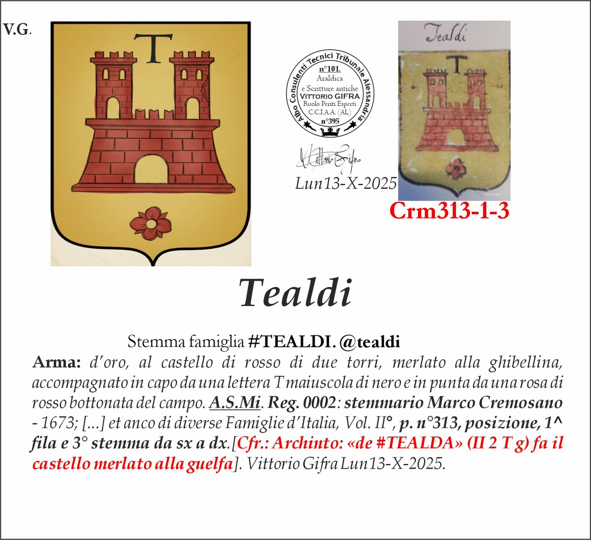 VGIFRA's tweet image. Stemma famiglia #TEALDI. @tealdi
Arma: d’oro, al castello di rosso di due torri, merlato alla ghibellina, accompagnato in capo da una lettera T maiuscola di nero e in punta da una rosa di rosso bottonata del campo. A.S.Mi. Reg. 0002: stemmario Marco Cremosano - 1673; [...] et