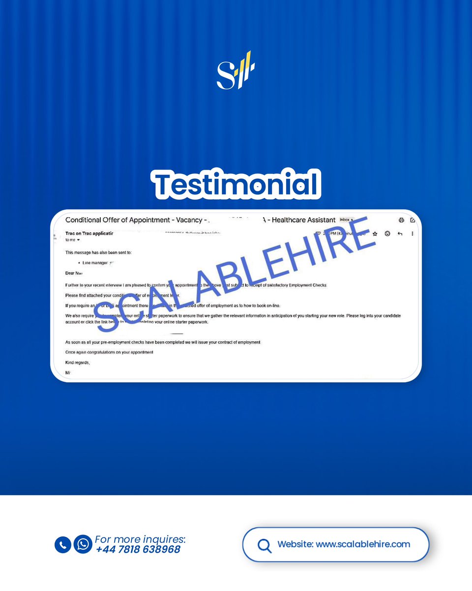 Scalablehire's tweet image. A few months ago, they couldn’t get interviews.
Today, they’re signing UK job offers.

That’s what happens when you use the right strategy.
We help you optimize your CV, apply smartly, and get real results.

Comment “opportunity”  to start your journey.

#ScalableHire #UKJobs