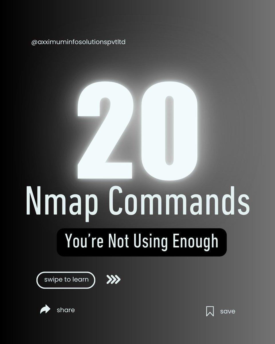 Anastasis_King's tweet image. 🧿 20 Nmap Commands — Quick Cheat Sheet 🔍

Compact list of 20 essential Nmap one-liners for discovery, service/version checks, scripting, and safe output — use only on networks you own or are explicitly authorized to test. 

#Nmap #NetworkScanning #PenTesting #Recon #InfoSec