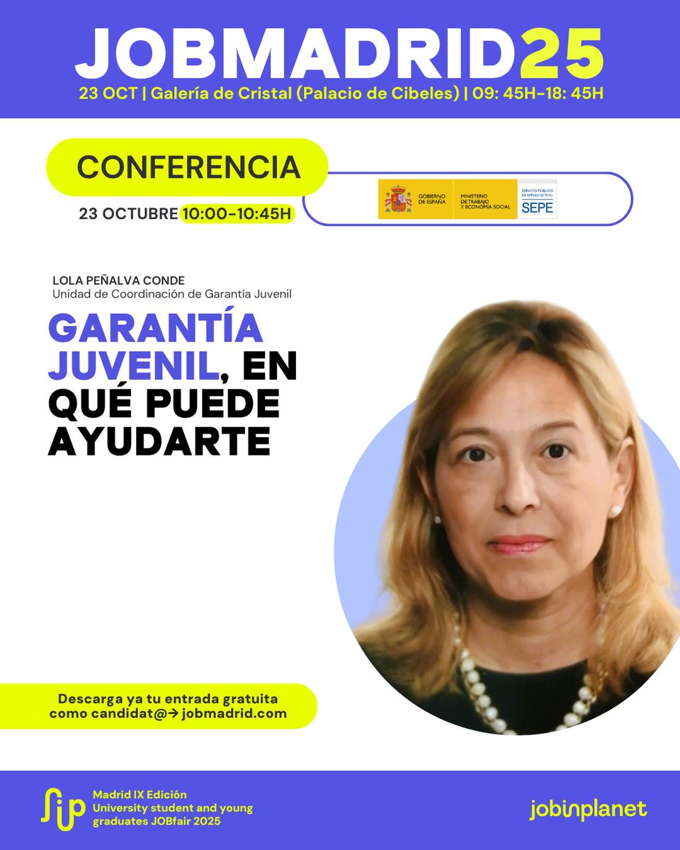 🚀 ¡Conferencias del <a href="/empleo_SEPE/">SEPE</a>  en #JOBMadrid25! Aprende, inspírate y conecta con expertos que pueden impulsar tu futuro profesional.
🎟️ Descarga tu entrada gratuita y apúntate a las actividades👉 jobinplanet.com
📅 23 OCT – Palacio de Cibeles ⚠️ ¡Plazas limitadas!
