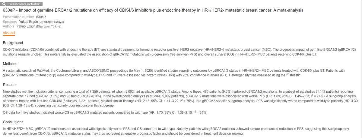 dr_yakupergun's tweet photo. #ESMO25
My meta-analysis on gBRCA1/2 & CDK4/6i in HR+/HER2– MBC
🔹 9 studies
🔹 gBRCA1/2 → shorter PFS & OS vs WT
🔹 Strongest effect in gBRCA2 (possible RB1 link?)
💬 gBRCA1/2 may indicate a negative prognostic profile under CDK4/6i therapy.
Predictive value?? https://t.co/1b7hhKf2Bq