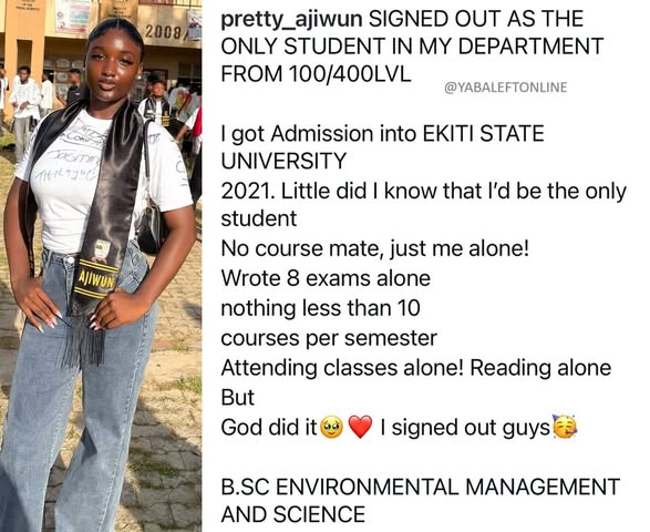 lindaikeji_blog's tweet photo. Lady celebrates signing out as the only student in her department from 100 to 400 level.
- Linda Ikeji Blog
#ZenithPeopleServiceTech presidential pardon / Seyi tinubu / Asher https://t.co/dGSAyiyT9o