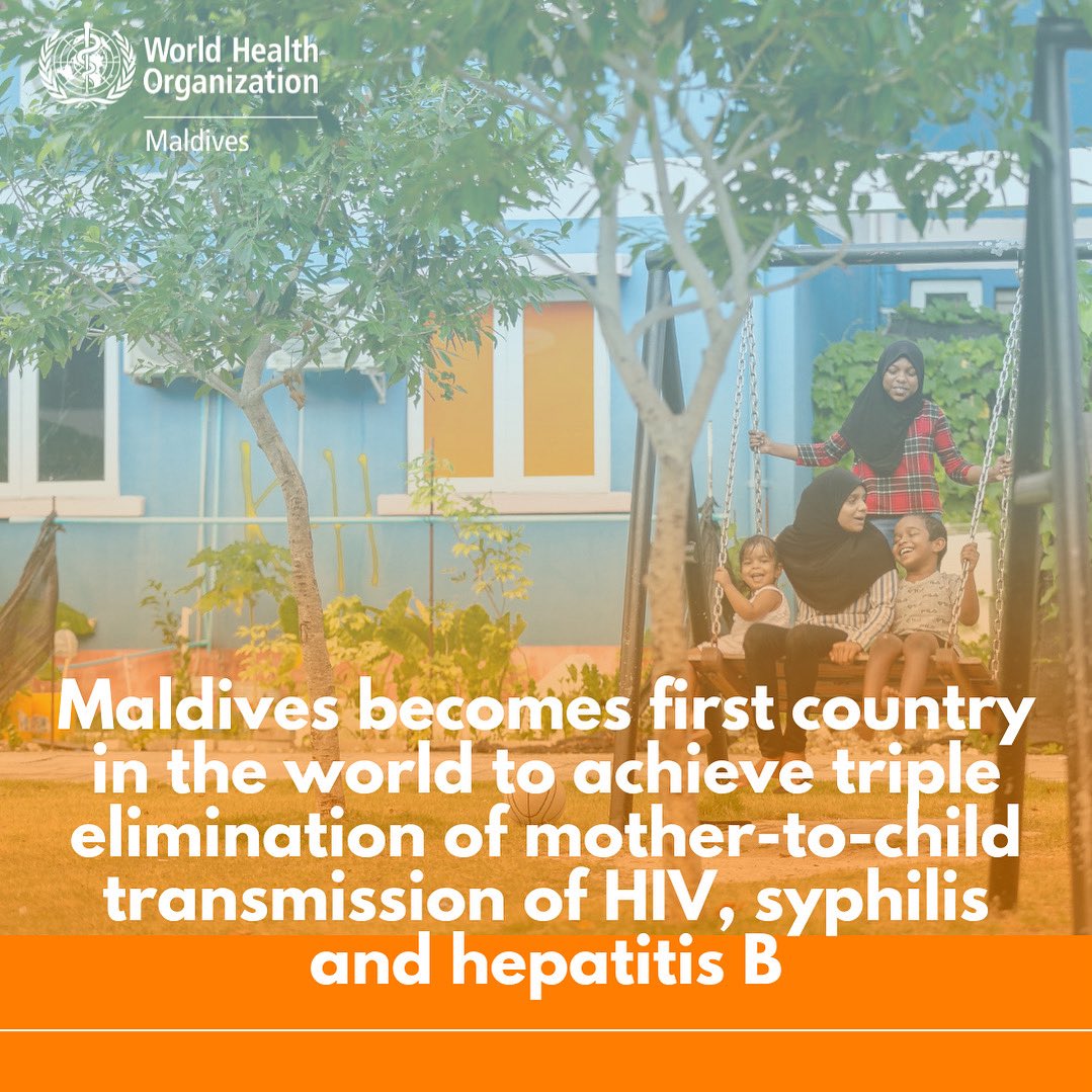 A historic milestone for public health 🥇

The Republic of Maldives has become the first country in the world to achieve triple elimination of mother-to-child transmission (EMTCT) of HIV, syphilis, and hepatitis B 🤰🏻

who.int/maldives/news/…