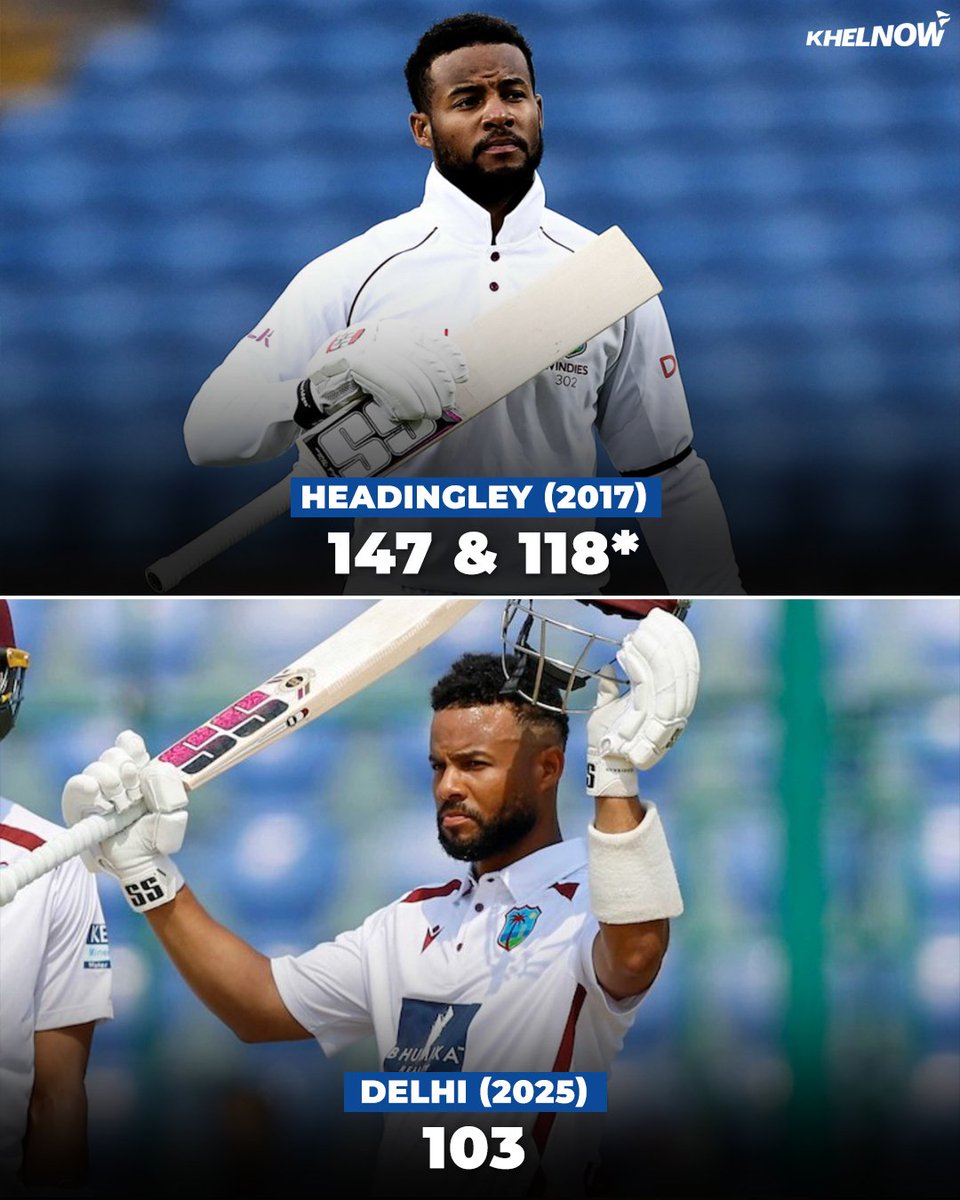 Khelnowcricket's tweet image. 8 years after his Headingley heroics (147 &amp;amp; 118*), Shai Hope scores his first Test ton since 2017 — 103 in Delhi! 👏🔥

Class. Patience. Redemption. 🌴
#ShaiHope #WIvIND #TestCricket