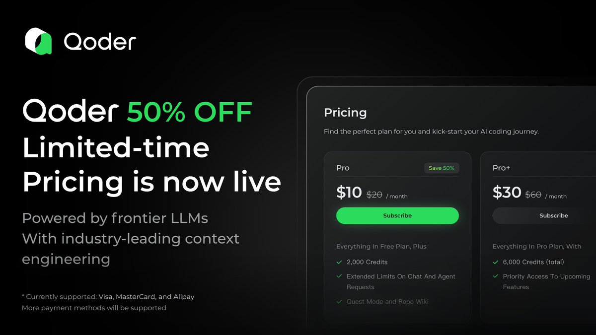 jamescoder12's tweet image. 2. Meet Qoder - an agentic coding platform built for real software development.
👉 Download now: <a style="text-decoration: none;" rel="nofollow" target="_blank" href="http://aisecret.co/Qoder">aisecret.co/Qoder</a>
→ New users can get a 2-week Pro Trial with 1,000 credits. Limited-time 50% OFF for all paid plans. Ends soon.
→ While other tools guess what I need,…