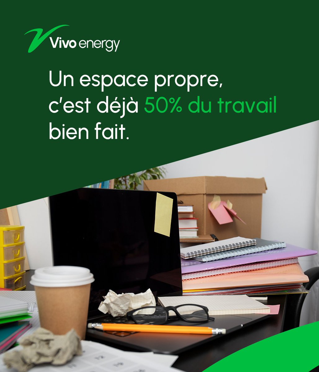 Travailler dans un environnement ordonné et propre, ce n’est pas seulement une question d’hygiène, c’est aussi un atout pour booster sa productivité.
👉 Prenons soin de nos bureaux comme de nos idées : clairs, organisés et prêts à donner le meilleur de nous-mêmes 💼
#VivoEnergy