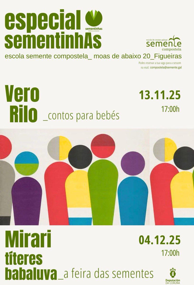 Especial de Sementinhas 👶🏽🌱

13/11, 17h
Vero Rilo - Contos para bebés

04/12, 17h
Mirari, Títeres Babaluva - A feira das sementes

Colabora: <a href="/DACCultura/">Cultura Depu. Coruña</a>