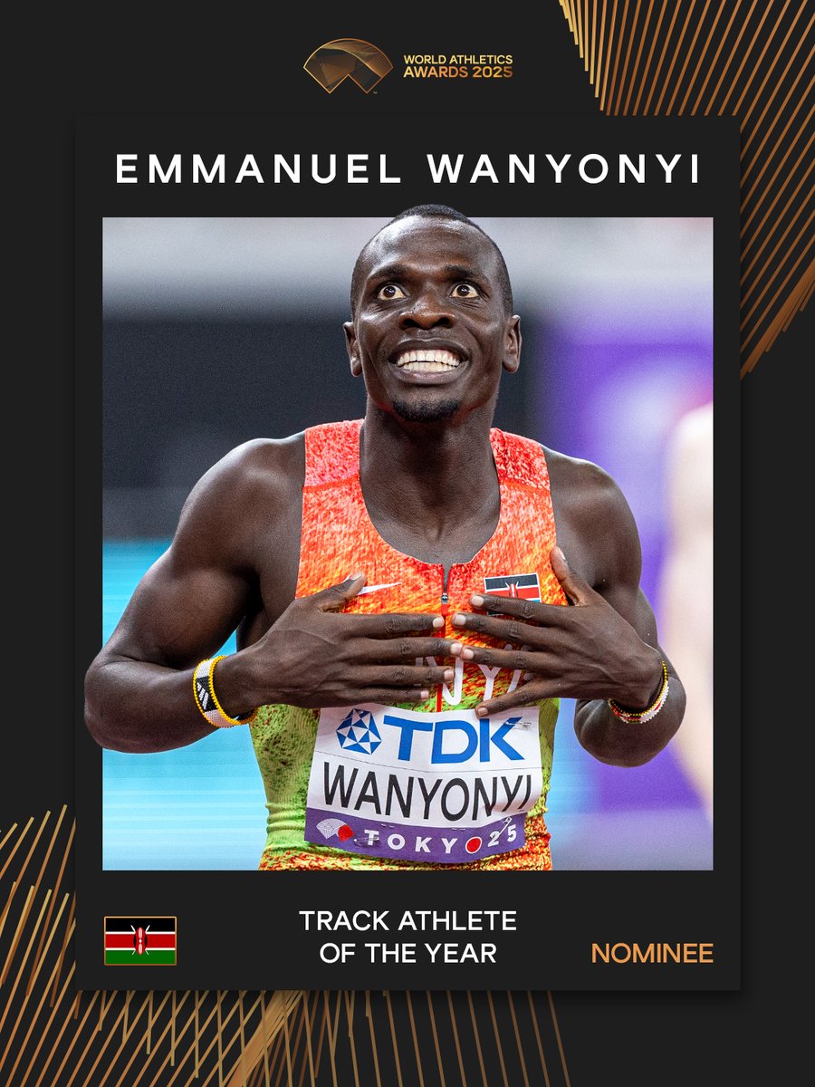 WorldAthletics's tweet image. Male Track Athlete of the Year nominee ✨
Repost to vote for Emmanuel Wanyonyi 🇰🇪 in the #AthleticsAwards.
Voting closes on Sunday 19 October at 11:59 PM CEST.