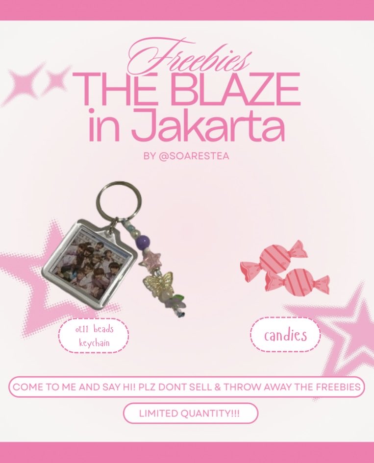 rts and likes are appreciated!
The Blaze in Jakarta freebies by <a href="/soarestea/">daisy</a>✨

you’ll get;
• beads keychain, made with love💗
• candy
‼️limited quantity‼️

📍ICE BSD hall 1 
📆 8 Nov 2025

see youuuu deobi💗💗 #THEBLAZE_in_JAKARTA