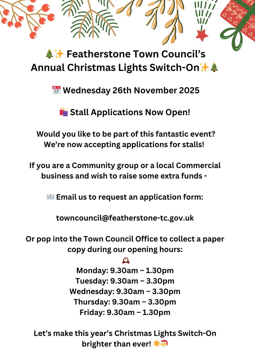 Stall Applications are now available for the Christmas Light Switch On!
**Multiple applications from the same club but different age groups are not permitted, please apply as a club and not individually**