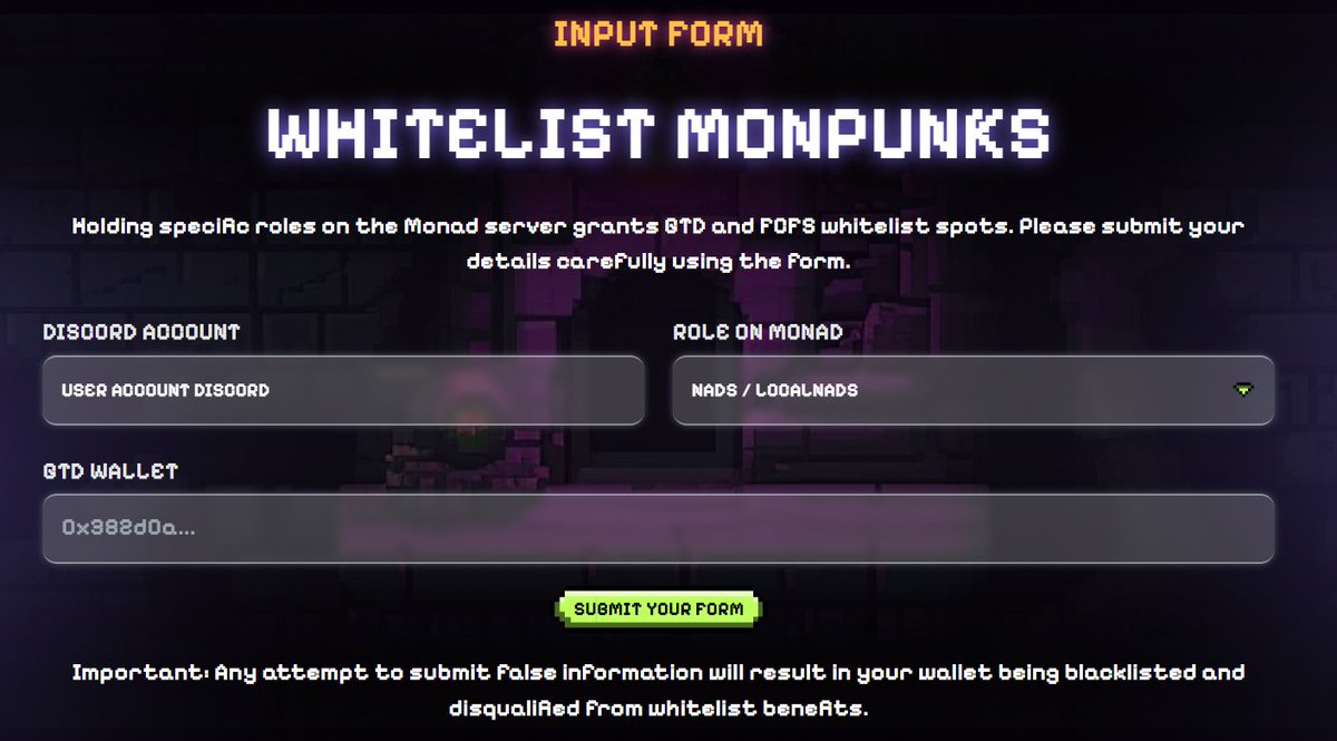 Gmonad Nads

Get the right to mint NFT <a href="/monpunks/">monpunks (mainnet arc)</a> for mainnet Monad

Full Access/TG - WL FCFS
Nads/Local Nads/RH/Nad OG/MON/MON2 - WL GTD 

Each user can submit the form only once, so make sure to fill in your details carefully.

link: monpunks.com/#whitelistform