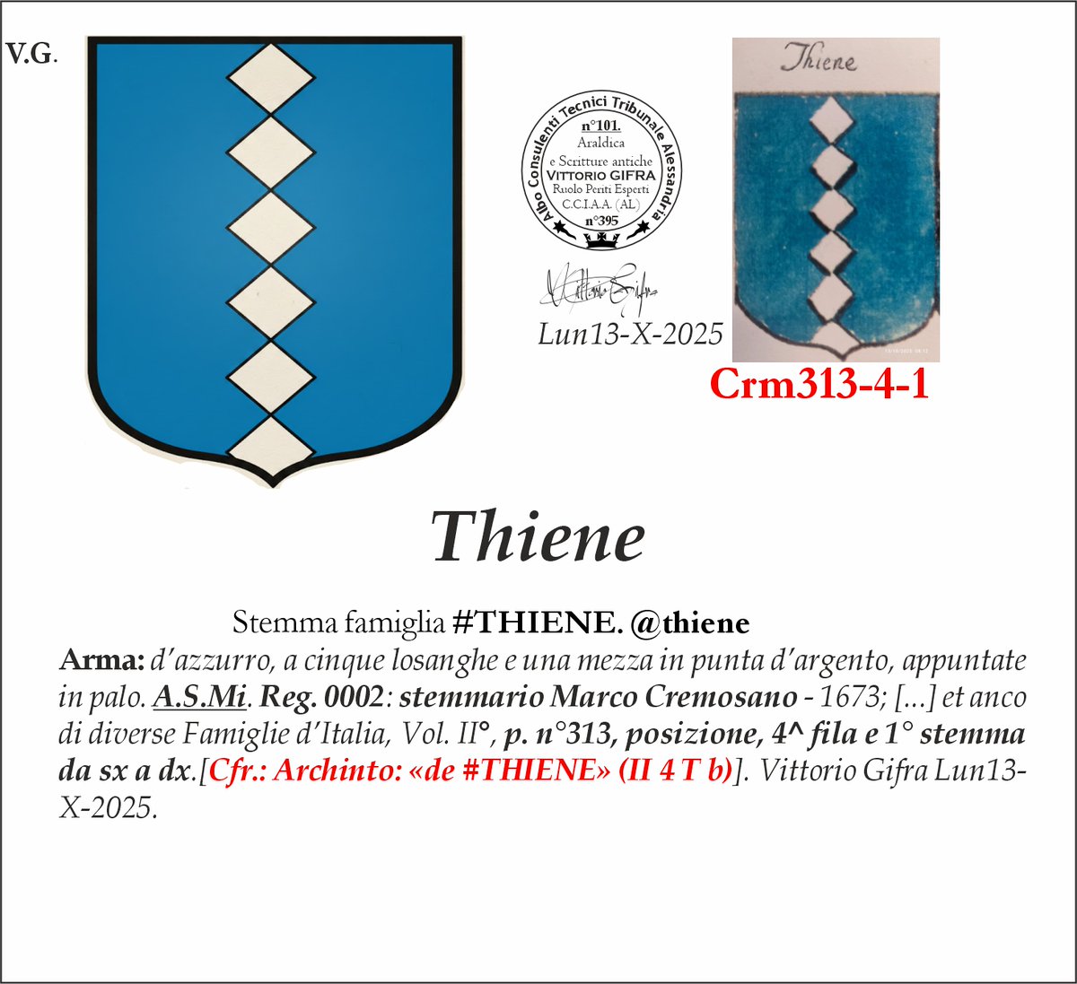 VGIFRA's tweet image. Stemma famiglia #THIENE. @thiene
Arma: d’azzurro, a cinque losanghe e una mezza in punta d’argento, appuntate in palo. A.S.Mi. Reg. 0002: stemmario Marco Cremosano - 1673; [...] et anco di diverse Famiglie d’Italia, Vol. II°, p. n°313, posizione, 4^ fila e 1° stemma da sx a…