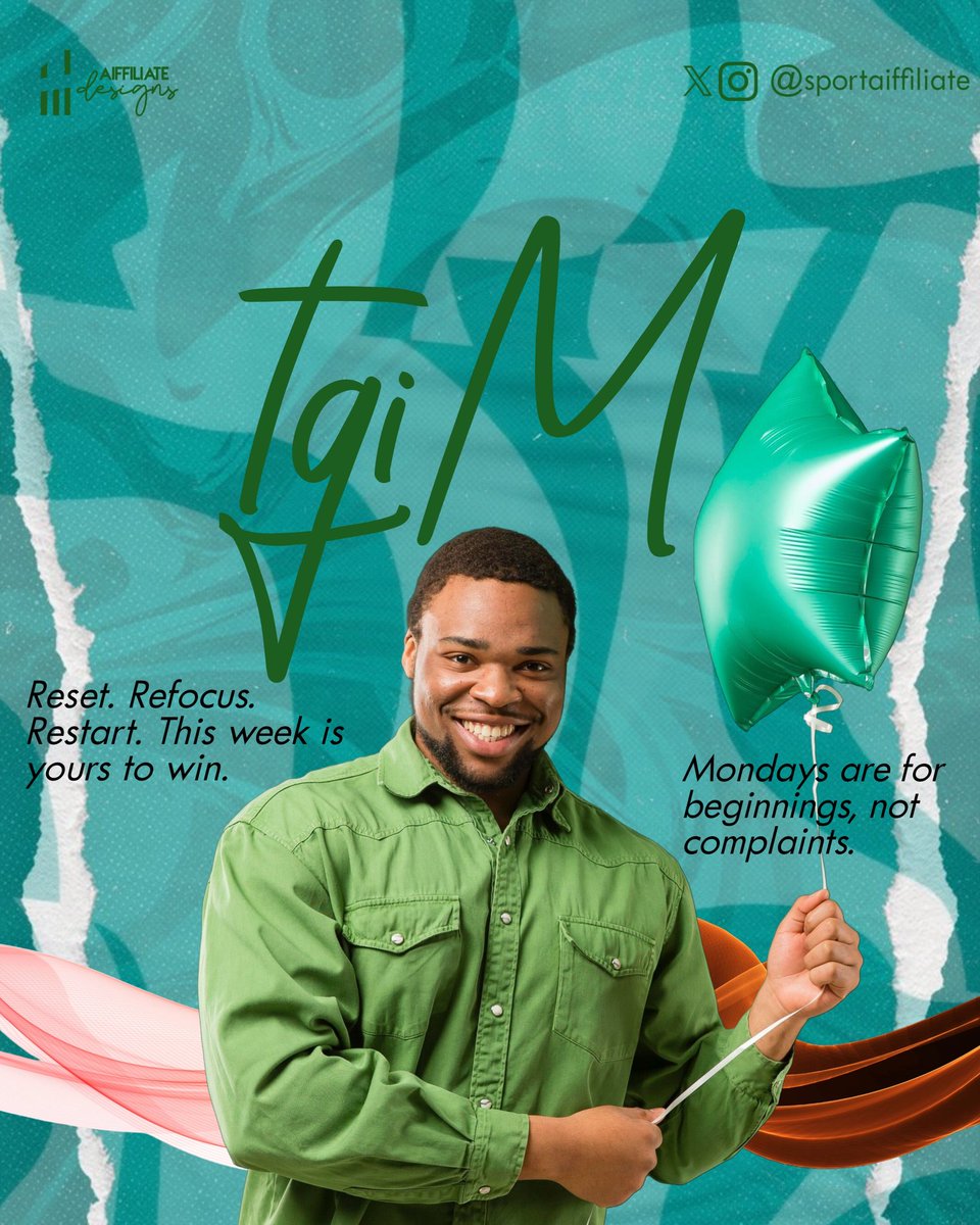 sportaiffiliate's tweet image. Thank God, it&apos;s Monday. Let&apos;s reset, refocus and get energized for a wonderful week. Stay jiggy #MondayVibes #graphicdesignstrategy