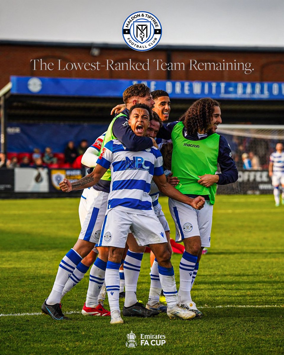 Following their 1-0 win over Flackwell Heath in the fourth round qualifying, <a href="/MaldonTiptreeFC/">Maldon & Tiptree FC</a> are the lowest-ranked club remaining in the #EmiratesFACup 💙

They're the only team in the first round proper to have played in every round since the extra-preliminary round, and have