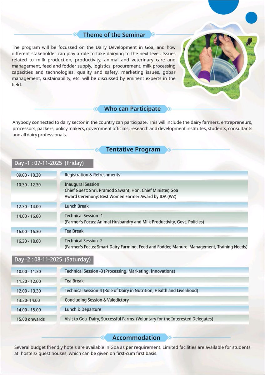 IndianDairyAsso's tweet image. 🐄🌟 Join us for the National Seminar on Dairy Development in Goa! 🌴
📅 7–8 Nov 2025 | 📍 NIO Auditorium, Dona Paula
💬 Explore challenges &amp;amp; opportunities in sustainable dairy
🔗 Register: forms.gle/ht3HYCTondmeTG…
#DairyDevelopment #GoaDairy #IDA #AgriEvents #GoaEvents