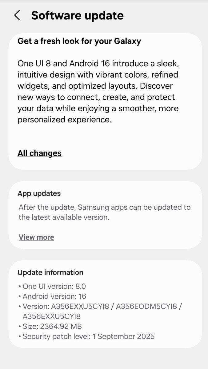 tarunvats33's tweet image. Non-beta users too!

Galaxy A55 and A35 both get the One UI 8 update in India.

Builds:
A356EXXU5CYI8
A556EXXUACYIA

Repost