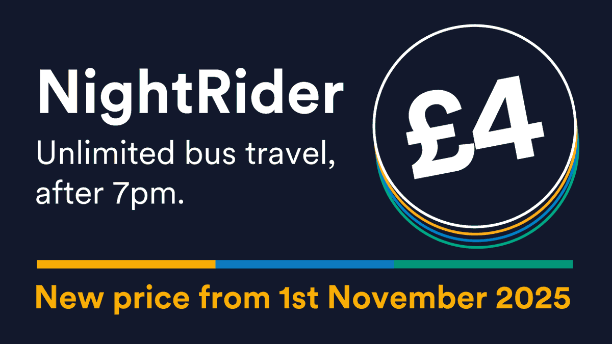 StagecoachSouth's tweet photo. The NightRider ticket price will be £4 from 1st November 2025.

More details here > https://t.co/IiKXMLfHrM https://t.co/KRch5CBT0d