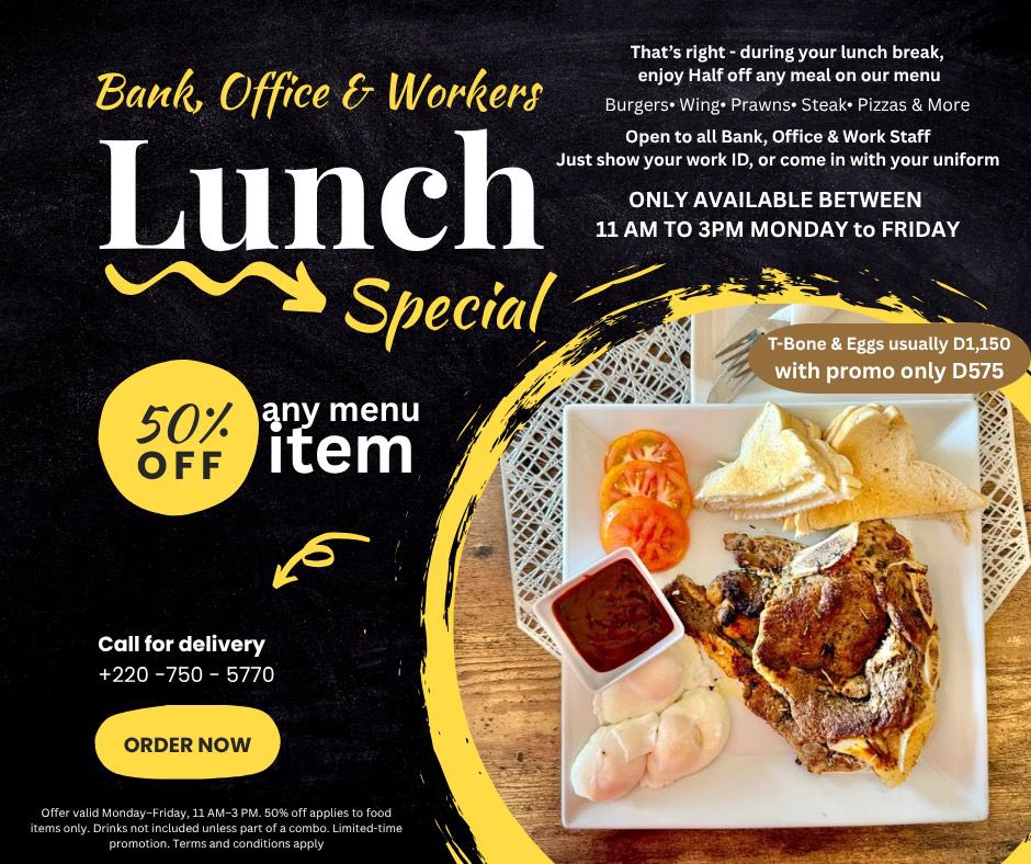 🕐 BANK, OFFICE &amp; WORKERS LUNCH SPECIAL

Monday–Friday | 11 AM – 3 PM

💥 50% OFF ALL FOOD ITEMS! 💥

👔 Show your work ID or uniform to qualify

🥤 Drinks not included unless part of a combo meal.
⏳ Limited-time offer — Only available from 11 AM to 3 PM.

📍 The Silver Platter