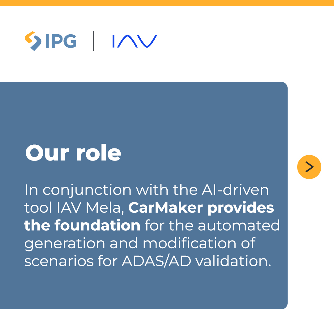 Safe autonomous vehicles require tests in countless real-world scenarios. At Apply &amp; Innovate 2024, IAV introduced Mela, an AI-powered solution that increases efficiency and intelligence in ADAS/AD validation in conjunction with CarMaker.
#simulation #IPGAutomotive #CarMaker #AI
