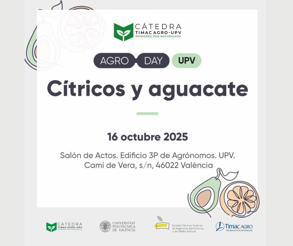 TimacAGROEspana's tweet photo. 📢 ¡Cuenta atrás para #AGRODAY Cítricos y Aguacate, la gran cita de la Cátedra TIMAC AGRO- @UPV! Con la participación de expertos y agentes claves como @fTROPS, Benibal Agro y Servicios Agrícolas Meliá. 😌Consulta el programa, aquí ➡️https://t.co/dyUgaEPQRN https://t.co/d4DiTjau8e