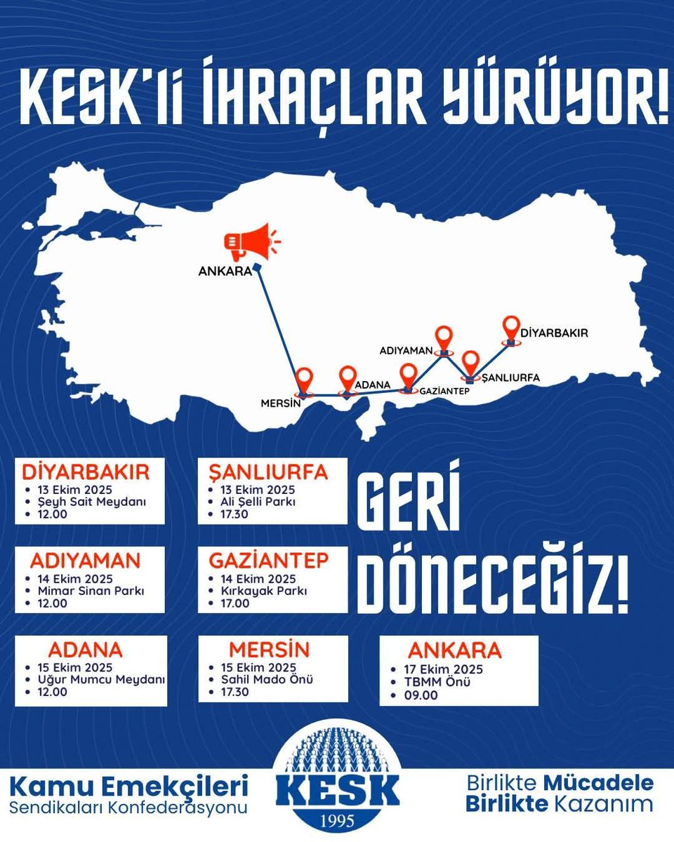 KESK’li İhraçlar Yürüyor!

BEŞ GÜN, YEDİ KENT, TEK SES!
Hukuksuzluğun Karanlığına Karşı:
Adalet, Onur ve Özgürlük İçin Yürüyoruz!

✊ Birlikte Mücadele, Birlikte Kazanım!

#KESK #GeriDöneceğiz #Adaletİstiyoruz #EmekOnurumuzdur #Amed #Urfa #Adıyaman #Antep #Adana #Mersin #Ankara