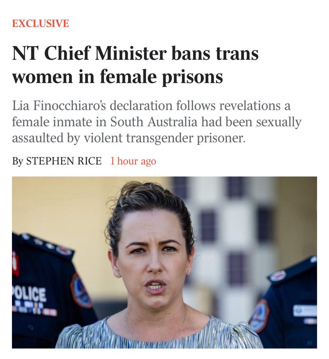 SenSHenderson's tweet image. Congratulations to @LiaFinocchiaro for her exceptional leadership in protecting the safety and dignity of women. 

The NT Chief Minister’s announcement there will be no biological men in women’s jails reflects her determination to safeguard vulnerable women from the risk of harm.…
