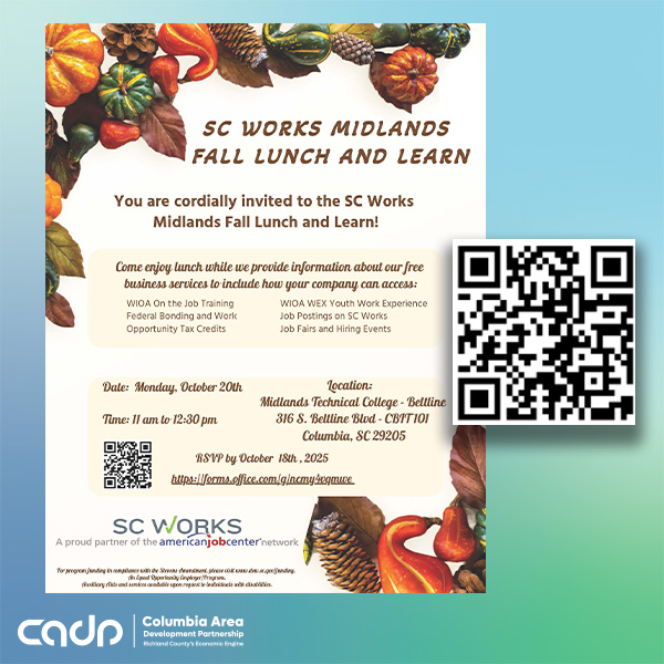 Columbia area employers 📣 Here's your chance to ask questions about #workforce resources in our community directly with the experts!

Join <a href="/SCWorksMidlands/">SC Works Midlands</a> for a Fall Lunch and Learn next week, forms.office.com/g/ncmy4vqmwe