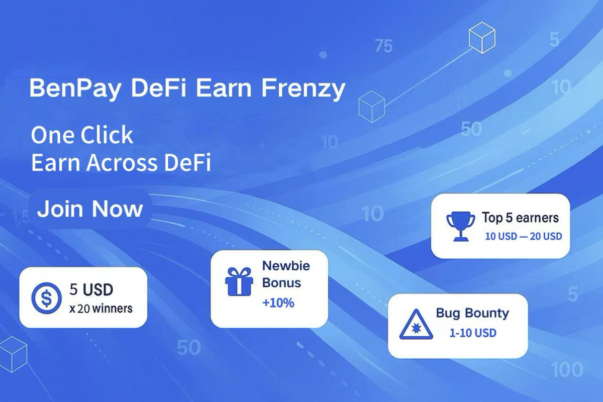 BenPayGlobal's tweet image. 🎉 BenPay DeFi Earn Frenzy Campaign 🎉
From now until Oct 28, 2025, 15:00 (GMT+08:00), win extra rewards!

💰 Lucky Draw (5 $USD × 20 winners)
1️⃣ Follow @BenPayGlobal 
2️⃣ Retweet this post and @ 3 friends
3️⃣ Comment your BenPay wallet address

✨ Additional Benefits
🔹 Newbie…
