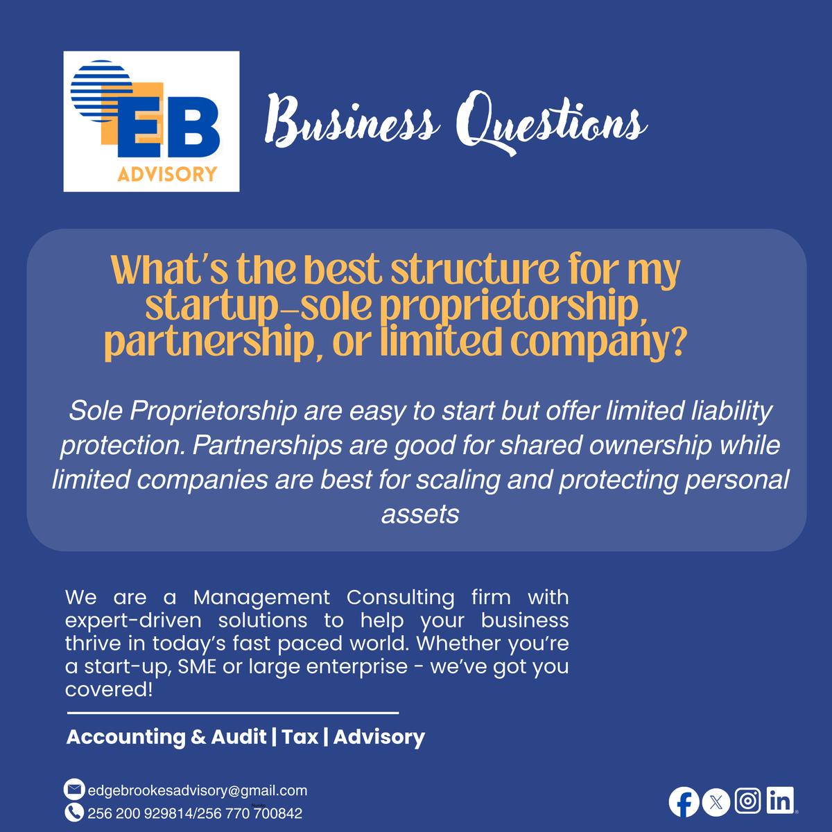 edgebadvisory's tweet photo. Starting a business and not sure which structure suits you best? Sole proprietorship, partnership, or limited company - each has its benefits and risks.

Let EB Advisory guide you in choosing the right structure for your growth and protection.

Get in touch to get started! https://t.co/n0fyAqiF4m
