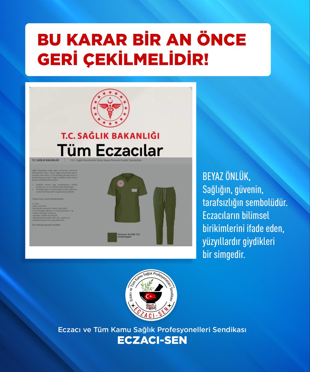 ECZACI-SEN Hukuk Birimi olarak Sağlık Bakanlığının Kurumsal Kimlik Kılavuzunda eczacılara haki yeşil üniforma düzenlemesine dair itiraz dilekçemizi verdik. Dilekçeye gelecek yanıta istinaden yargı yolunu sonuna kadar kullanacağımızı saygıyla duyururuz. 👇