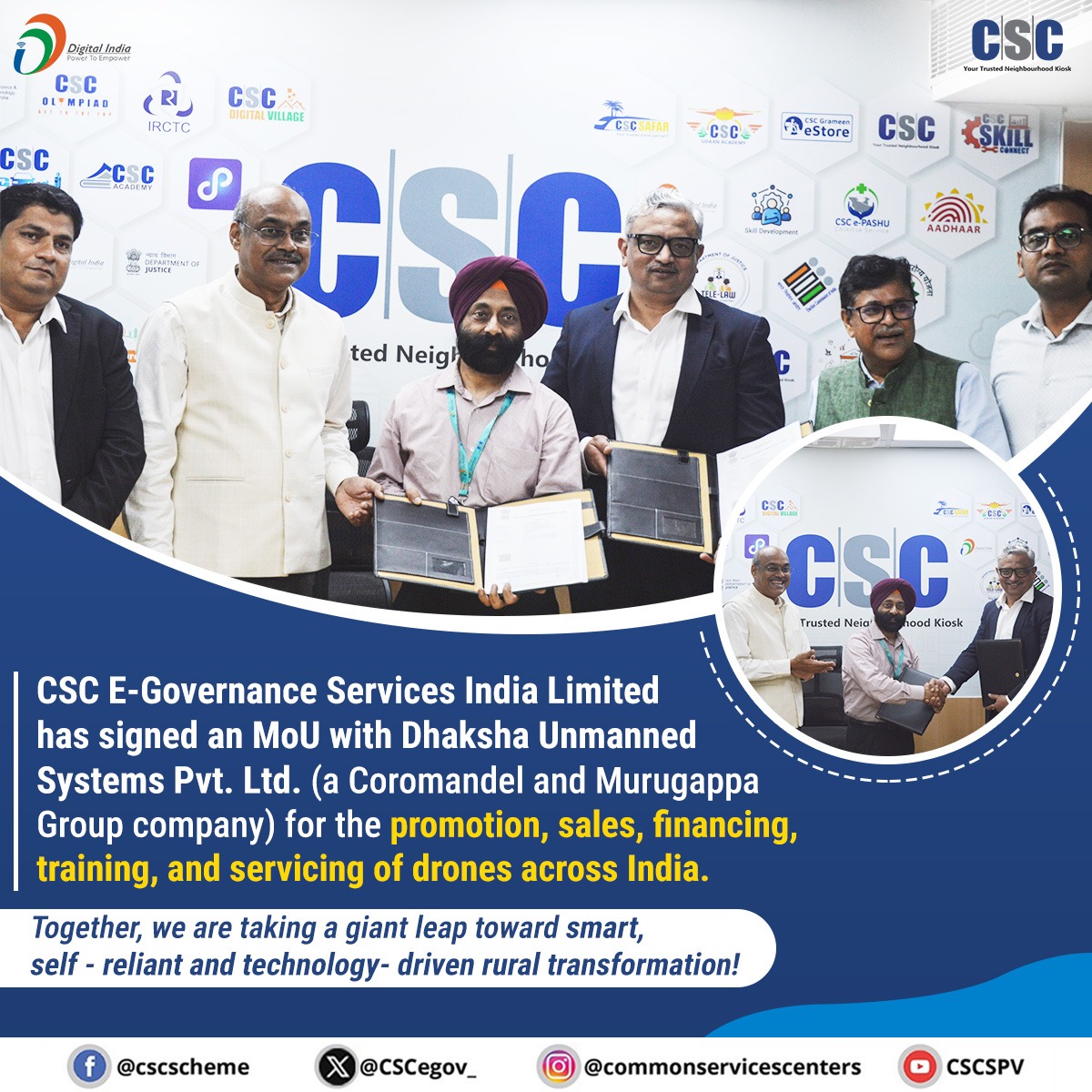 CSCegov_'s tweet image. CSC SPV joins hands with Dhaksha Unmanned Systems Pvt. Ltd.
Empowering Rural India with Drone Technology!
We are delighted to announce that CSC E-Governance Services India Limited has signed an MoU with Dhaksha Unmanned Systems Pvt. Ltd. (a Coromandel and Murugappa Group…