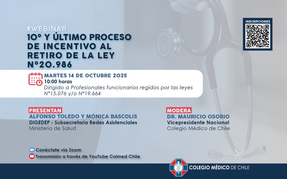 📢El Minsal publicó el instructivo del décimo y último proceso de Incentivo al Retiro Voluntario (Ley N°20.986).
Infórmate sobre los requisitos y plazos en nuestro webinar informativo:
📅Martes 14 de octubre
🕙10:00 horas
📍Transmisión vía Zoom y YouTube ColmedChile
🔗Inscríbete