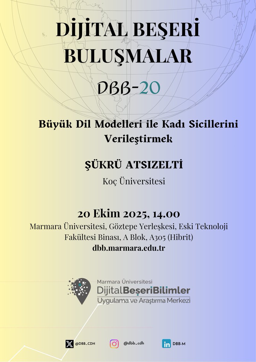 DBB_CDH's tweet image. 📢 Dijital Beşeri Buluşmalar (DBB) serimizin 20. oturumunda, Osmanlı şeriyye ya da kadı sicillerinin bir büyük veri kaynağı olarak büyük dil modelleri (LLMs) aracılığıyla nasıl analiz edilebileceğine dair bir ekip çalışmasını ele alıyoruz.

🗓️ 20 Ekim Pazartesi günü saat 14.00’te…