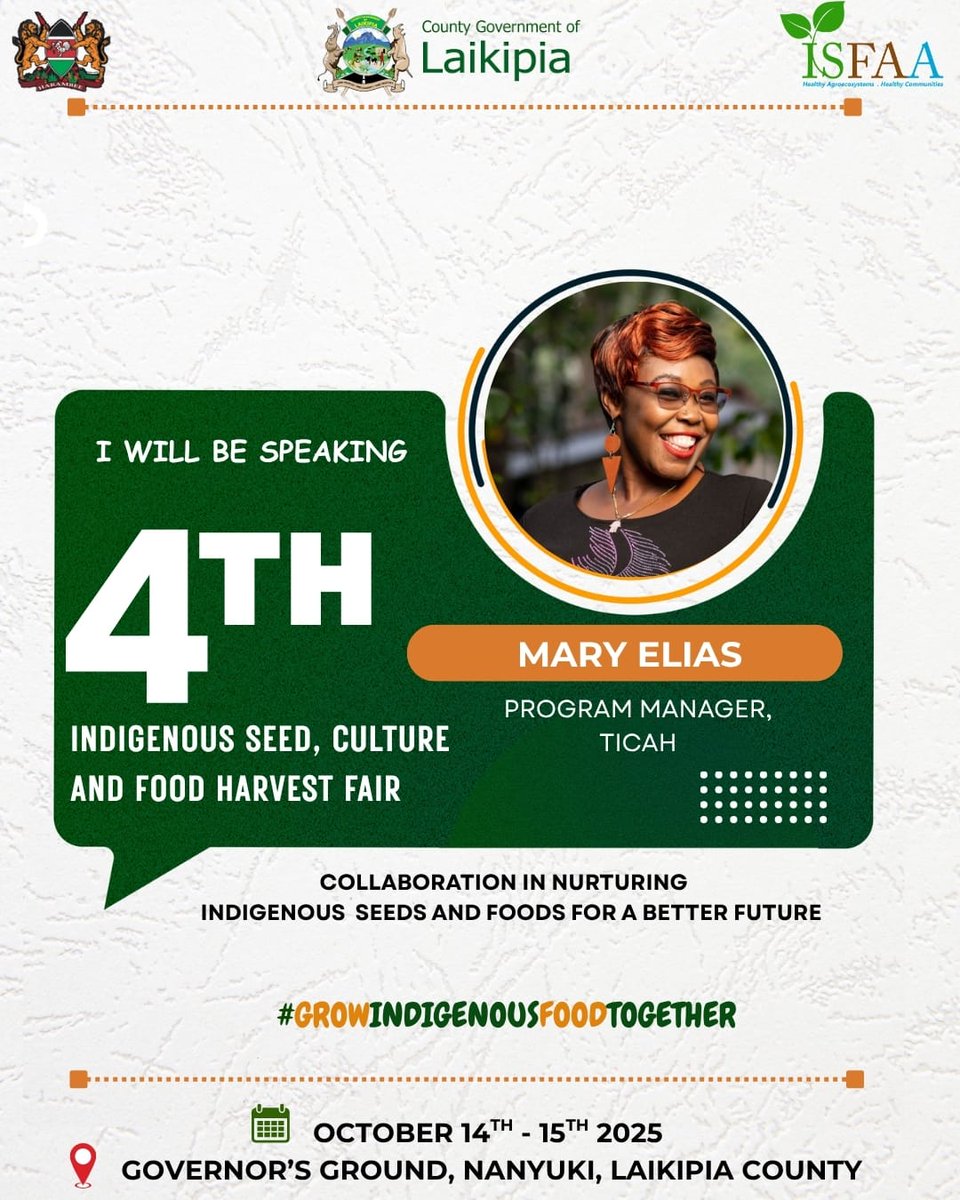 We’re thrilled to have our Program Manager, Mary Elias, represent @TICAH at the 4th Indigenous Seed, Culture &amp; Food Harvest Fair! 
📍 Nanyuki, Laikipia County
📅 Oct 14–15, 2025
Let’s keep working together to #GrowIndigenousFoodTogether 💚
#TICAH #FoodSecurity #IndigenousSeeds