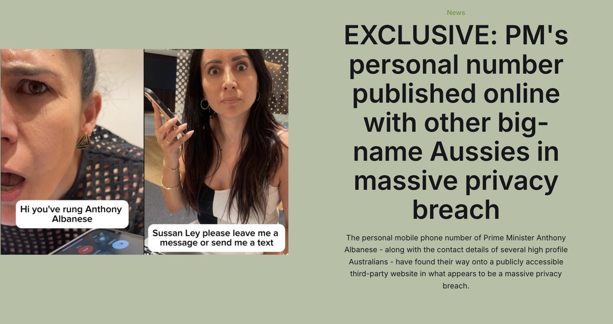 antoinette_news's tweet image. EXCLUSIVE: The personal mobile phone number of PM Albanese, along with the numbers of high-profile Australians in media and business - has been published on a publicly accessible third-party website, in what appears to be a widespread privacy breach.
ettemedia.com/exclusive-pers…