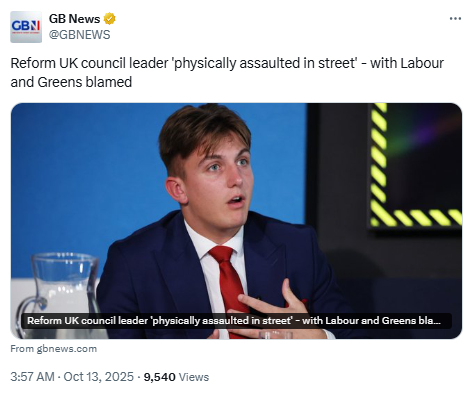 ripx4nutmeg's tweet image. A teenage councillor for Reform, who has been the subject of numerous BBC articles because he refused to fly the Pride flag on a council building, has been physically attacked in the street. The attack happened on Friday, and the BBC has so far not reported on it