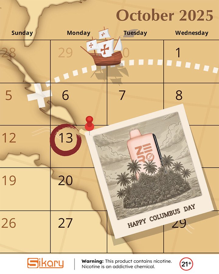 Set sail on a new adventure this Columbus Day!
Discover colorful horizons with every puff 🌈✨

Sikary Zero Cloud
Make every puff a vibrant discovery 🌬🎨

❗Must be 21+
#VapeFashion #ColumbusDayVibes #SikaryZeroCloud #ColorfulDiscovery