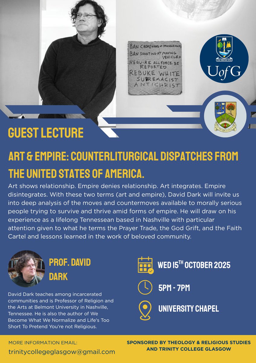 Join us this Wednesday for a special lecture with Dr. David Dark. 
A firece critic of the powers of white supermacy and 'Christian Nationalism' - his work combines theological and sociological reflection, cultural criticism and literary insight.