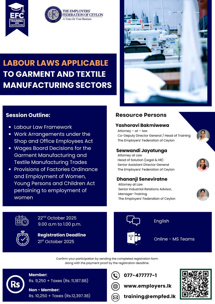 employerssl's tweet image. 🧵 In garment or textile manufacturing?
Join EFC’s online session on key labour laws &amp;amp; compliance in SL. Ideal for HR, managers &amp;amp; employers. #LabourLaw #HRCompliance #FactoryManagement #EFCTraining