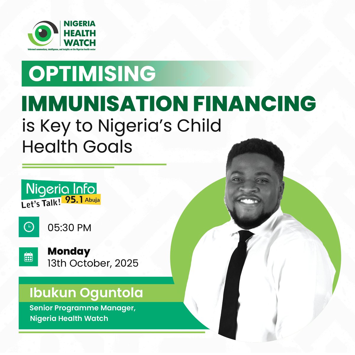 Every Nigerian child deserves a healthy start in life. However, achieving this requires sustainable investment in immunisation financing. 

Join our Senior Programme Manager, <a href="/ibk_og/">Ibukun Oguntola</a>, today on <a href="/NigeriaInfoAbj/">NigeriaInfoFMAbuja</a>, as he discusses why optimising immunisation financing is key to