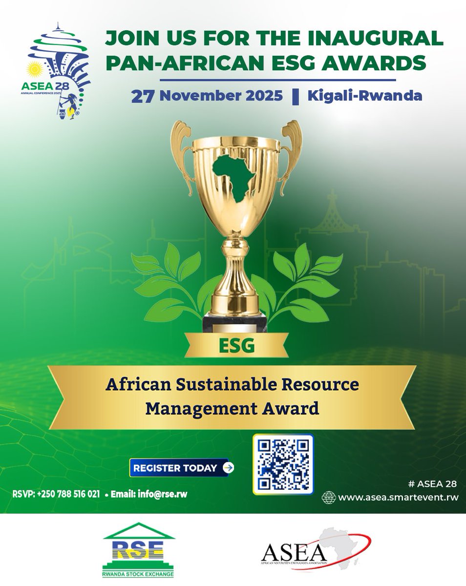 🌍🌱 Celebrating Africa’s Resource Sustainability Champions! 🌱🌍

The Pan-Africa ESG Awards (27 November 2025, Kigali) will honor the African Sustainable Resource Management Award, recognizing leaders in circular economy, waste reduction &amp; environmental innovation.

✨ Driving