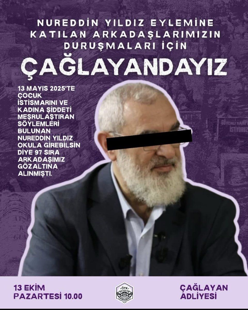 Bugün Çağlayan'da  #NureddinYildiz davası var. Bu alçak namussuz herif karma eğitim hakkı karşıtı, kız çocuklarının çocuk yaşta evliliğini ve kadınların dayak yediği için şükretmesi gerektiğini savunuyor. Buna karşı gelen #BoğaziçiÜniversitesi öğrencileri ise gözaltına alınmıştı.