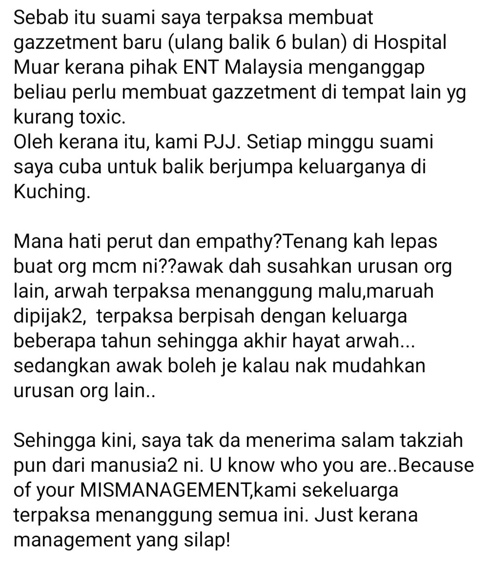 FaktaBukanAuta's tweet photo. Real politik di dalam @KKMPutrajaya khususnya Jabatan ENT Kebangsaan.

Ketua Kepakaran ENT Kebangsaan, Dr Zulkifli Yusof yg juga YDP ISMA Alor Setar harus jawab perkara ini!

Satu orang Pakar ENT telah meninggal dunia dalam keadaan dirinya dianiaya oleh KKM. 

Diceritakan sendiri oleh isterinya.

Sebelum ini juga satu orang Pakar ENT telah mengalami kemurungan, dirujuk ke psikiatri, juga akibat penganiayaan oleh ENT Kebangsaan.

Diyakini 200% politik dalaman dalam Jabatan ENT ini cuba disorokkan dari pengetahuan YBM @DrDzul!

1/4
