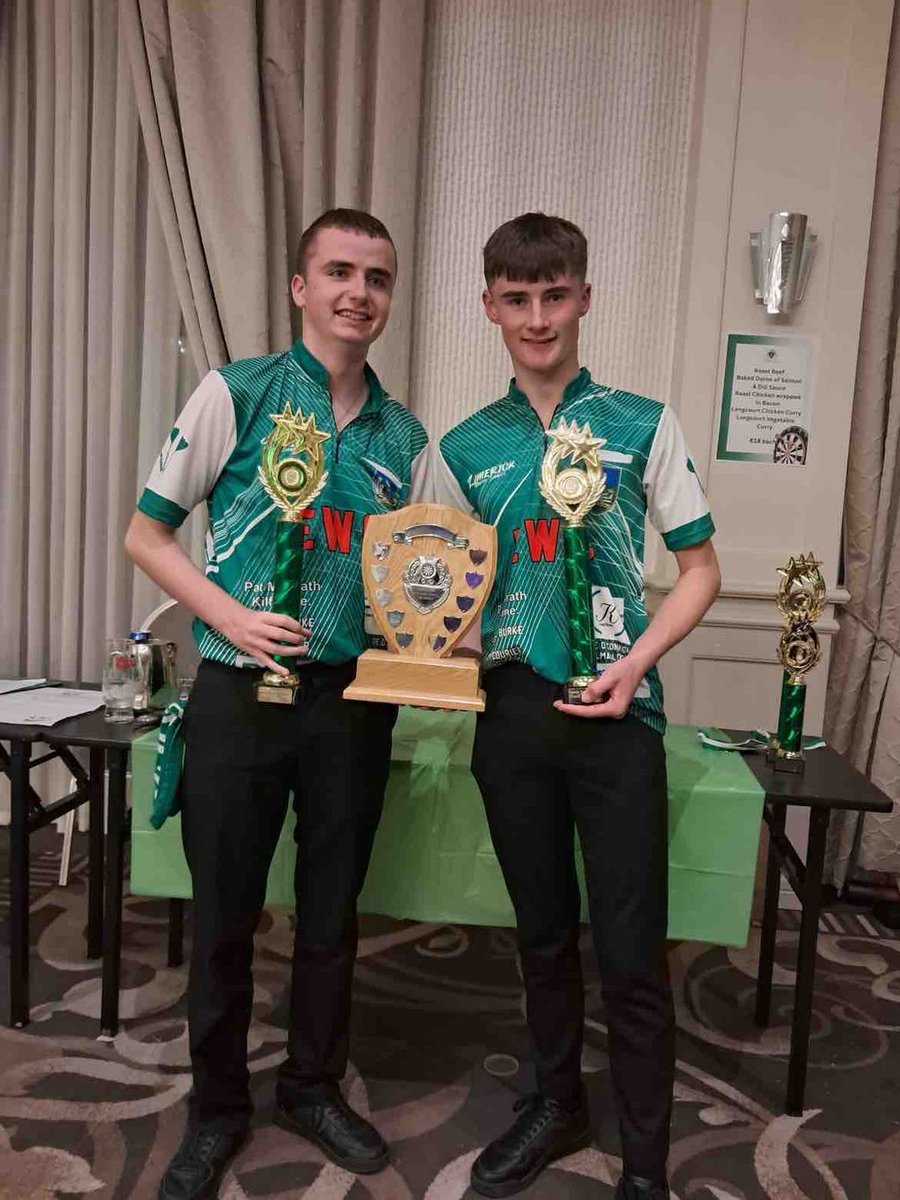 Congrats to Charlie McCarthy TY and Josh Creagh 5th Year  who were part of the Limerick Youth Darts Team, who were winners of the Darts Youth Cup at the Longcourt Hotel at the Weekend.